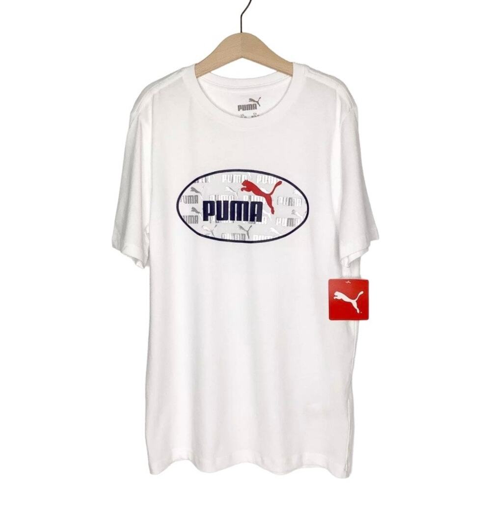 Puma White Tee Silver Navy Red Logo Graphic Medium NWT